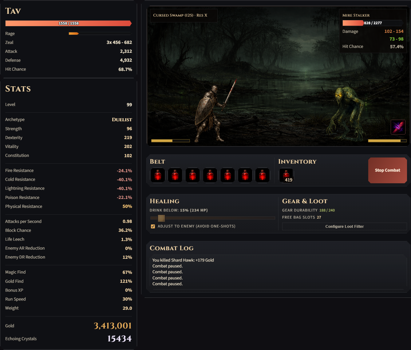 The full game view during live combat in the Cursed Swamp
