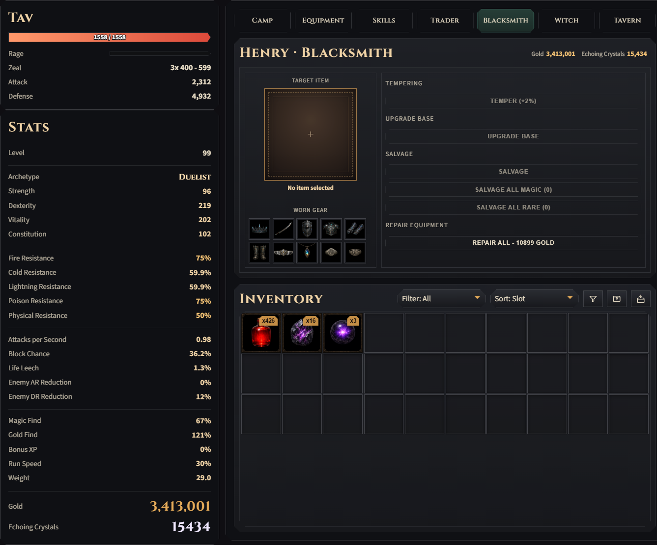The Blacksmith crafting panel